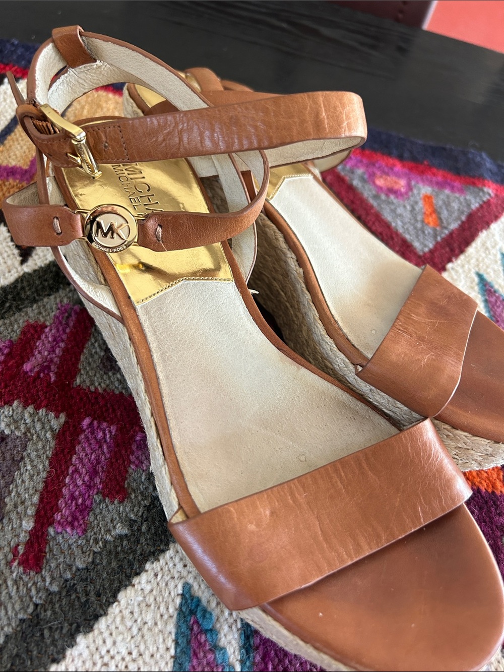 Michael Kors Brown Leather Upper Espadrille Wedge Sandals Size 8